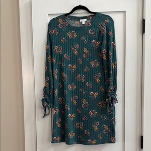 Green and Orange Sheath Dress with Long Cuffed Sleeves for Casual Work